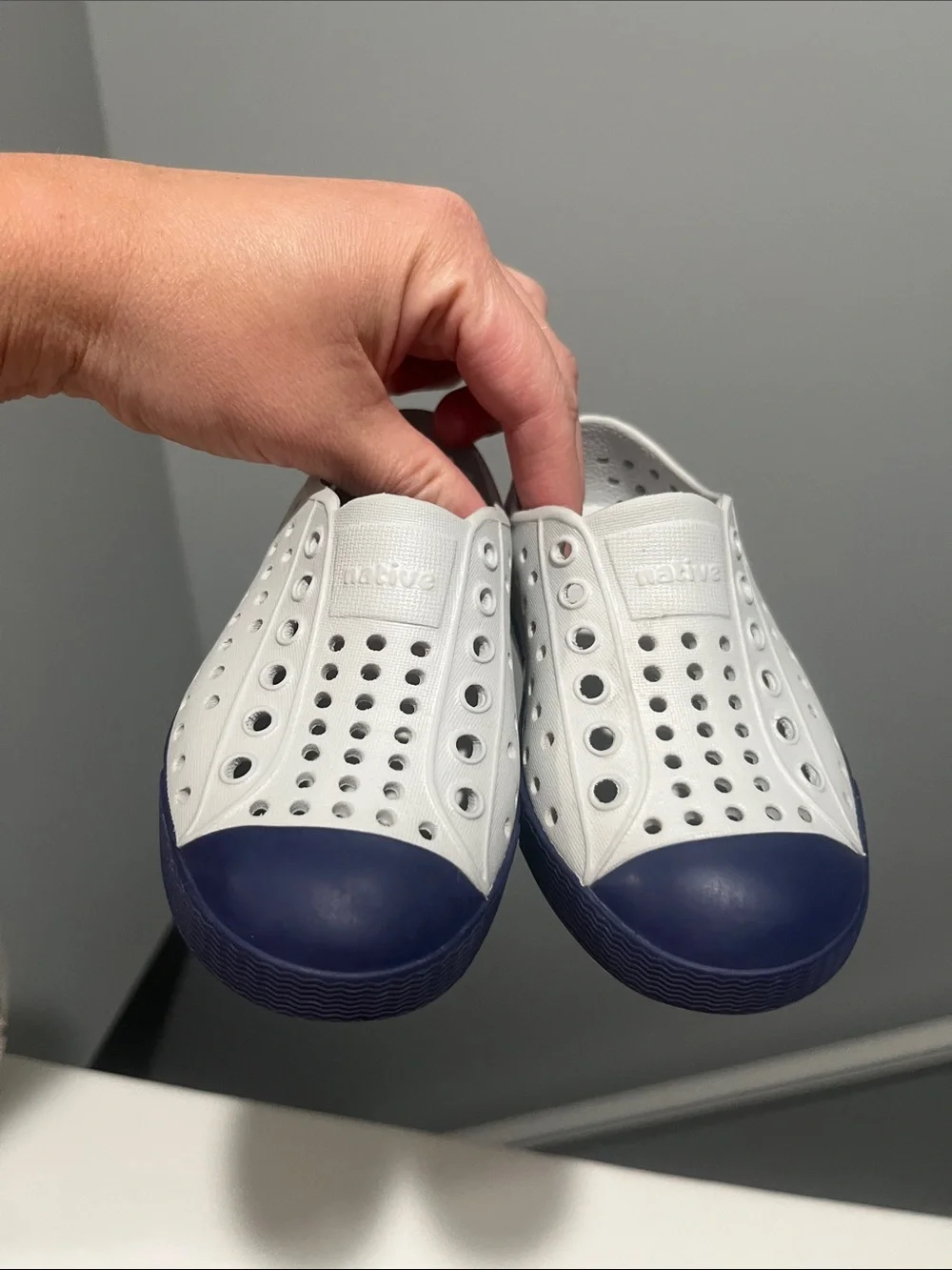 Native Shoes Jefferson C7 Kids Slip On Water Resistant Sneakers Gray and Navy 7